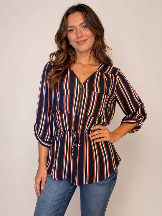 Justify Tops - Justify Navy Striped Zip-Front Drawstring Blouse